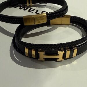Black and Gold Leather Bracelet